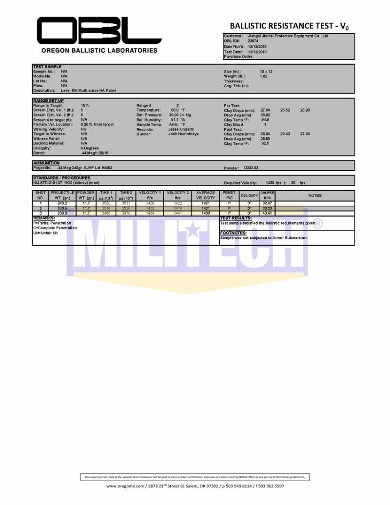 PE Ballistic Plate OBL NIJ 0101.07 HG2 Test Report 5